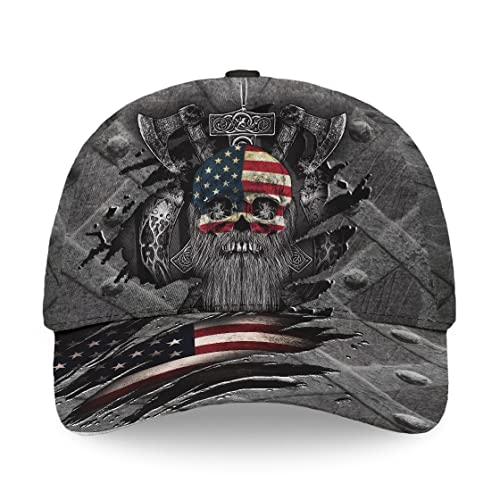 Image of Viking American Flag Skull Cap for Men, Viking Skull Us Flag Skeleton Gothic Horror, Adjustable Caps for Men Women