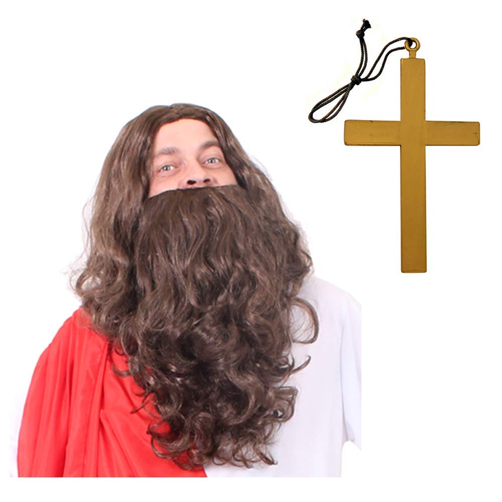 JESUS WIG & BEARD FANCY DRESS ACCESSORY KIT BROWN RELIGIOUS WIG WITH GOLD CROSS