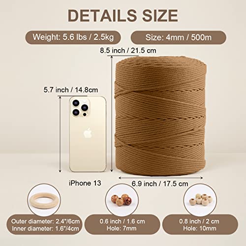 Image of ZUEXT Macrame Cord, Caramel, 4mm x 547yds Cotton String Macrame Yarn | Natural Handmade, 4 Strands Twisted Cotton Rope, for Craft Wall Hanging Weaving Tapestry Dream Catchers Hanger DIY Gift, 500m