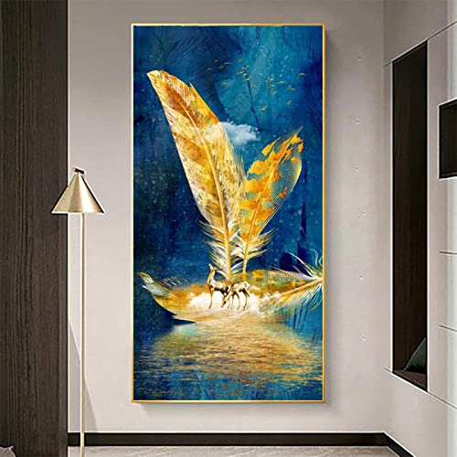 Peinture Abstraite Papillon KEBIA pour Illuminer un Grand Mur Blanc Salon Toile Plume D'or