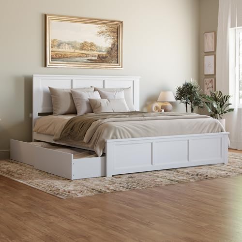 AFI, Madison King Solid Wood Platform Bed with Matching Footboard and Storage Drawers, White