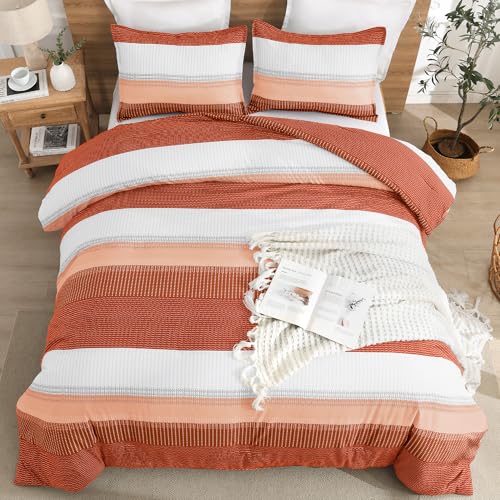 Litanika Burnt Orange California King Comforter Set - 3 Pieces Boho Terracotta Cal King Oversized Lightweight Summer Rust Colorblock Stripe Bedding Set (104x96In, 2 Pillowcases)