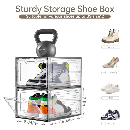 Image of Stebopum 12 Pack Shoe Boxes Shoes Organizer, Shoe Storage Organizer Boxes with Magnetic Door, Clear Shoe Organizers Sneaker Storage Shoe Box for Women /Men, Fit up to US Size 12