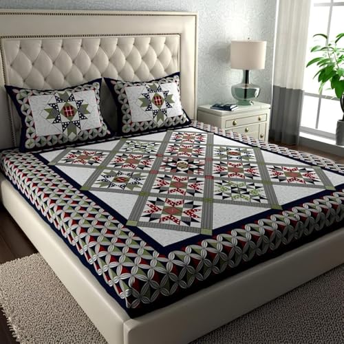 Image of Pure 100% Cotton Double Bed Sheet with 2 Pillow Covers (Bedsheet for Double Bed Cotton, Multicolour Jaipuri, Double Bed Sheet (Black & White, 90X100 Inch)