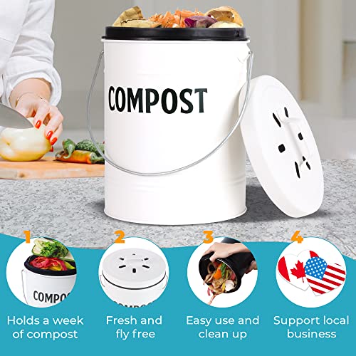 Compost Pail For Kitchen Counter By Saratoga Home - Family Sized Metal Indoor Countertop Compost Bin For Kitchen Scraps And Food Waste, Includes 3 Charcoal Filters, 1.3 Gal/5L, White #TOP1