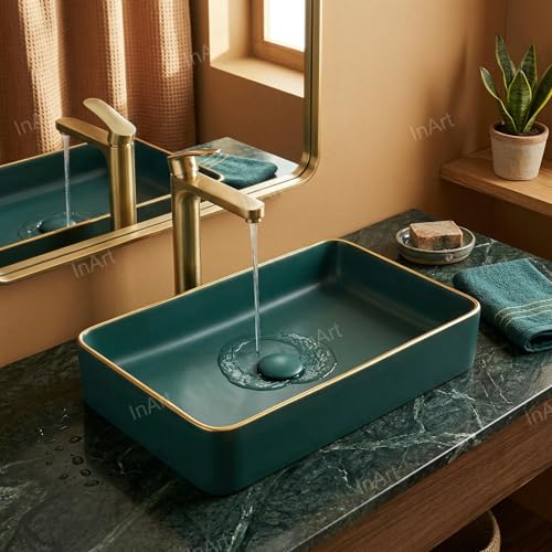 Image of Inart Ceramic Wash Basin | Counter Top Basin | Living room or Bathroom Table Top Basin | Green Matt Color 60 x 34 x 11 CM