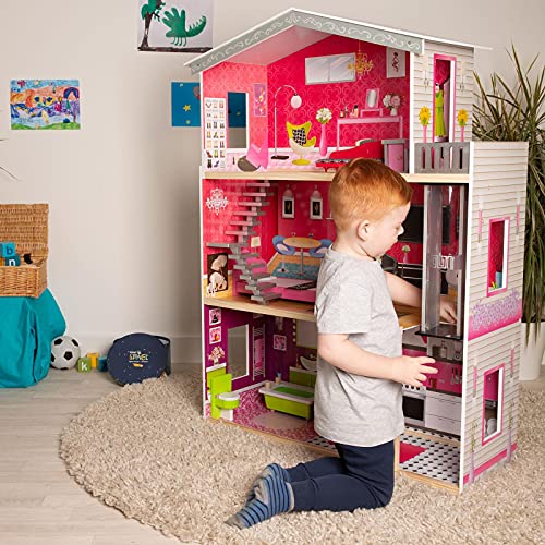boppi Großes 3-stöckiges Puppenhaus aus Holz mit 10 Möbeln Spielzubehör und 2 Standaufzügen – Bild 7