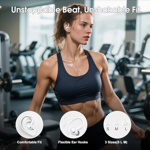Image of Wireless Earbuds Bluetooth 5.3 Headphones Sports, 48H Earphone with ENC Mic, Stereo Deep Bass Bluetooth Earbud with Secure Earhooks, LED Display, IPX7 Waterproof Over Ear Bud for Running /Workout White
