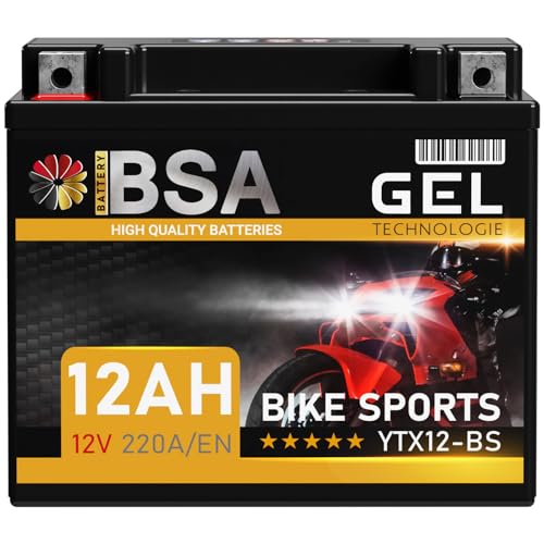 BSA YTX12-BS GEL Motorradbatterie 12V 12Ah 220A/EN Batterie doppelte Lebensdauer entspricht CTX12-BS 51012 GTX12-BS Quad vorgeladen auslaufsicher wartungsfrei