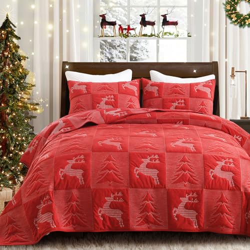 Image of Grassix Christmas Quilt Set King Size, Holiday Bedding Coverlet, Red | Tree & Reindeer Pattern, Soft Lightweight Christmas Velvet Bedspread with 2 Shams,Thin Comforter All-Season, 108 x 96 in