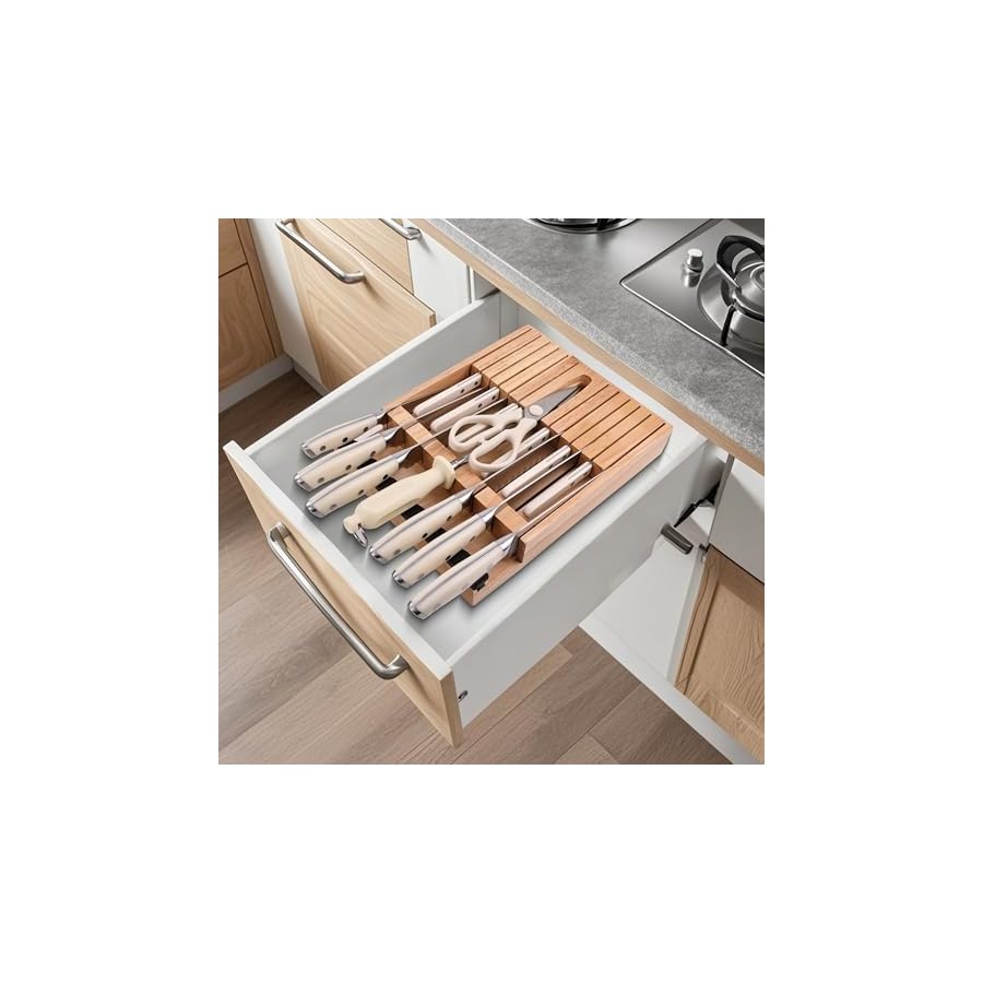 In-drawer-Knife-Block-Set-16PCS-Kitchen-Knife-Set-with-Wooden-Block-Chopping-Knives-Set-Stainless-Steel-Knife-Block-Set-Sharp-Cooking-Knife-Set-with-Cutting-Board-Rust-Proof-White N NOBLE FAMILY In-drawer Knife Block Set, 16PCS Kitchen Knife Set with Wooden Block, Chopping Knives Set, Stainless Steel Knife Block Set, Sharp Cooking Knife Set with Cutting Board, Rust Proof, White