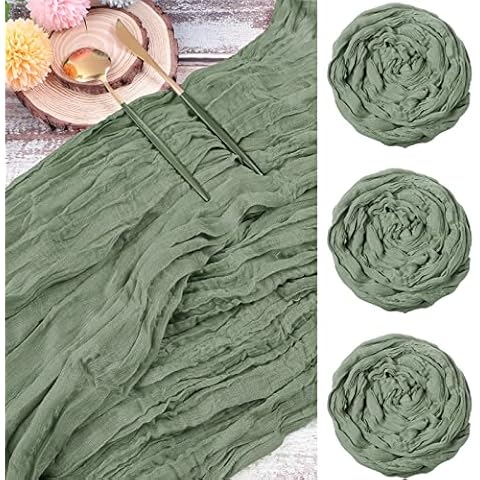 CHENGU 3 Pcs Cheesecloth Table Runner 35 x 118 Inch Gauze Boho Wedding Rustic Bridal Shower Decor Brunch Party Vintage Decorations Table Runner with Ruffles for Wedding Party (Light Green) Cover
