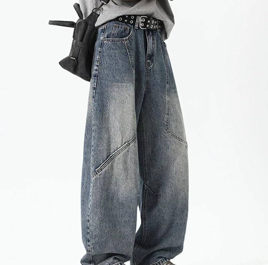 Men’S Spliced Design Jeans Mid Waist Loose Fit Wide Leg Denim Pants High Street Style Zipper Fly Jeans4