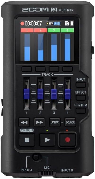 R4 MultiTrak 4-Track Recorder, 32-bit Float Audio, 2 XLR/TS Combo Inputs, Effects, Rhythm Section, Mobile Compact Audio Studio for Musicians, Songwriters and Audio Creatives, Black