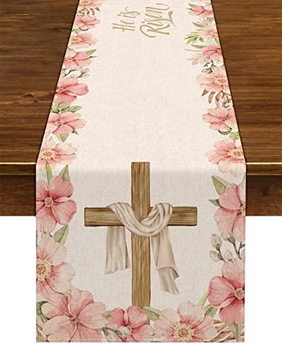 Nepnuser He is Risen Table Runner 72inches Jesus Resurrection Spring Easter Decoration Christian Cross Home Kitchen Dining Room Decor