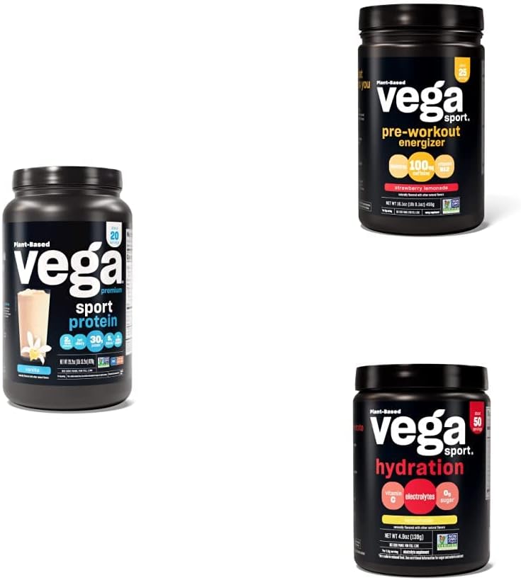 Sport Routine Bundle - Premium Vanilla Protein Powder (20 Servings) Strawberry Lemonade Preworkout Energizer (25 Servings) and Lemonade Electrolyte Hydration (50 Servings)