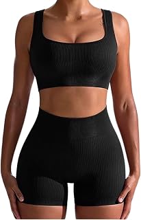 OQQ Workout Outfits for Women 2 Piece Seamless Ribbed High Waist Leggings with Sports Bra Exercise Set…