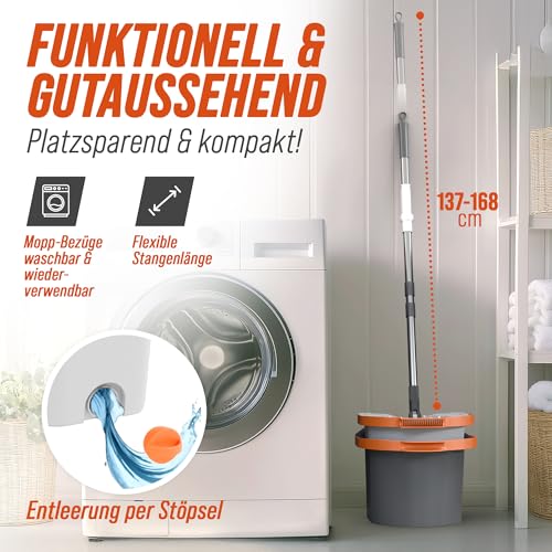 CLENOVA® Wischmopp Set mit Eimer [Schmutzwasser Trennung] Bodenwischer mit Pedal-Auswringfunktion & 2 Mikrofaserbezügen – Mop Set für alle Bodenarten