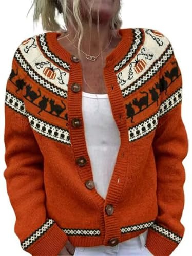 Image of Women's Funny Fall Winter Animal Floral Christmas Tree Long Sleeve Button Knit Cardigan Sweater