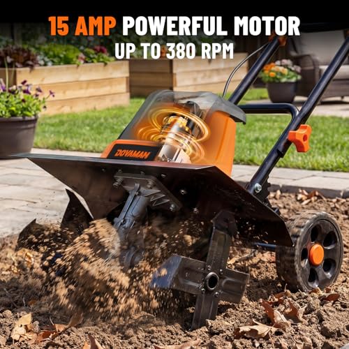 DOVAMAN 18-Inch Electric Garden Tiller, 15-Amp Corded Cultivator with Up to 9-Inch Tilling Depth, 4-Position Adjustable Wheels & Foldable Handle for Soil Preparation