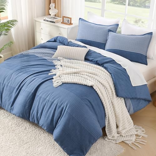 Litanika Comforter Set California King Size Sapphire Blue - 3 Pieces Lightweight Sapphire Blue White Colorblock Stripe Fluffy Bedding Comforter Sets, All Season Bed Set