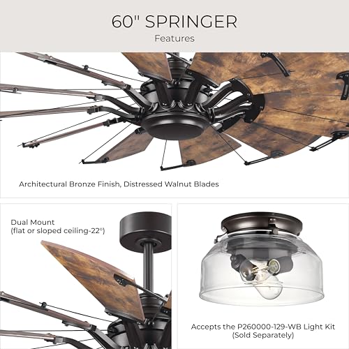 Image of Progress Lighting Springer Collection DC Motor Farmhouse Windmill Ceiling Fan, Architectural Bronze, 12-Blade (60 inch W x 17-3 /8 inch H) P250000-129