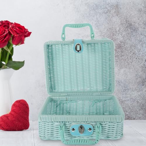 Luxshiny Retro Plastic Wicker Suitcase, Vintage Rattan Suitcase Box with Handle Woven Storage Basket Leather Strap Lock Wicker Picnic Basket Wedding Photo Prop Blue