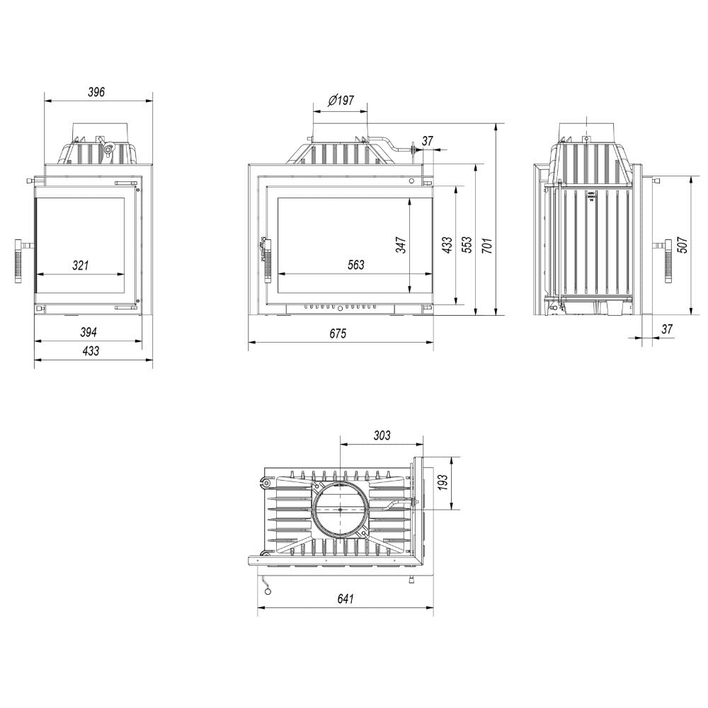 KRATKI Einfacher holzbefeuerter Kamineinsatz Lufteinlass BImSchV 2-konform 11 kW Thermischer Wirkungsgrad 75% Abgasauslass fi 200 mm dekorative Glasscheibe aus Gusseisen RightPlus Zubehör