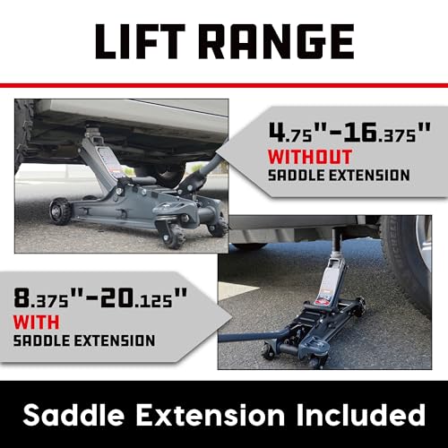 Image of Powerbuilt Biggie Smalls 2.5-Ton Off-Road Trolley Jack with 4 inch Oversized Wheels, Saddle Extension, Integrated Handle Storage, Portable Design for SUVs, Trucks, and Off-Road Vehicles 620683ECE
