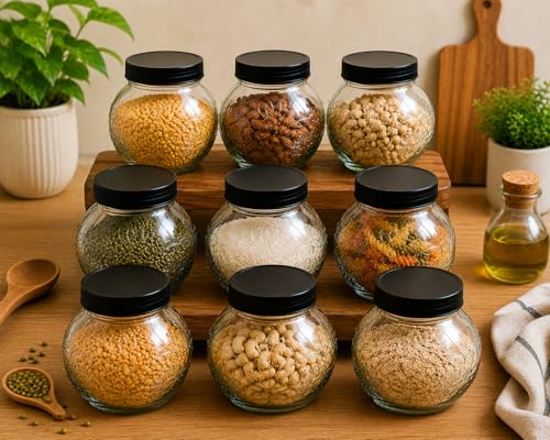 Image of Designer Transparent Glass Storage Jar with Black Plastic Airtight Lid, 900 ML Food Grade Kitchen & Pantry Storage Container, Size 8 X 14 X 14 cm, Ideal for Pulses, Dry Fruits, Pack Of 9