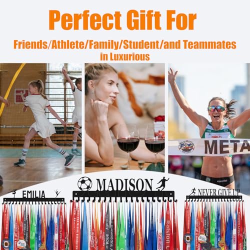 Image of Personalized Medal Holder with Name Display Rack for Awards Ribbons - Metal Custom Sports Race Plaques Hanger for Wall Mount Hold Up 63 Medal Hanger Display for Athlete Boy Girl Kid
