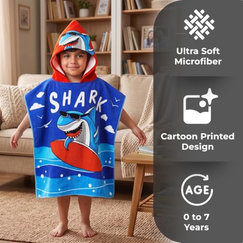 Image of Kids Poncho Towel 300GSM 120x60 CM, Shark Surf, Ocean Blue