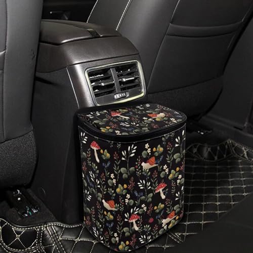 Image of Talayituse Mushroom Snail Flower Print Car Trash Can with Lid, Leak Proof Auto Trash Bag Hanging Vehicle Garbage Can Multipurpose Storage Container for Back Seat Road Trip