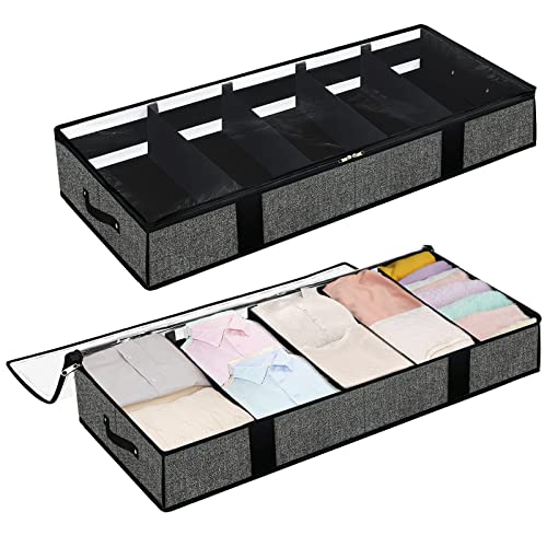 Under Bed Storage Containers Bins With Lids, Hard Side Underbed Storage Organizer With 4 Sturdy Handles & 5 Adjustable Compartments For Clothes,Shoes,Toys,Blankets,Bedding,Dorm Room, Black, Set Of 2 #TOP9