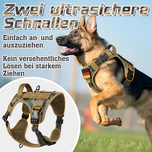 rabbitgoo Hundegeschirr Mittelgroße Hunde, Anti Zug Geschirr Hund Verstellbar mit Griffe Verbreitert, Robust Taktisches Hundegeschirr mit Metallschnallen zum Wandern(M, Camouflage Braun)