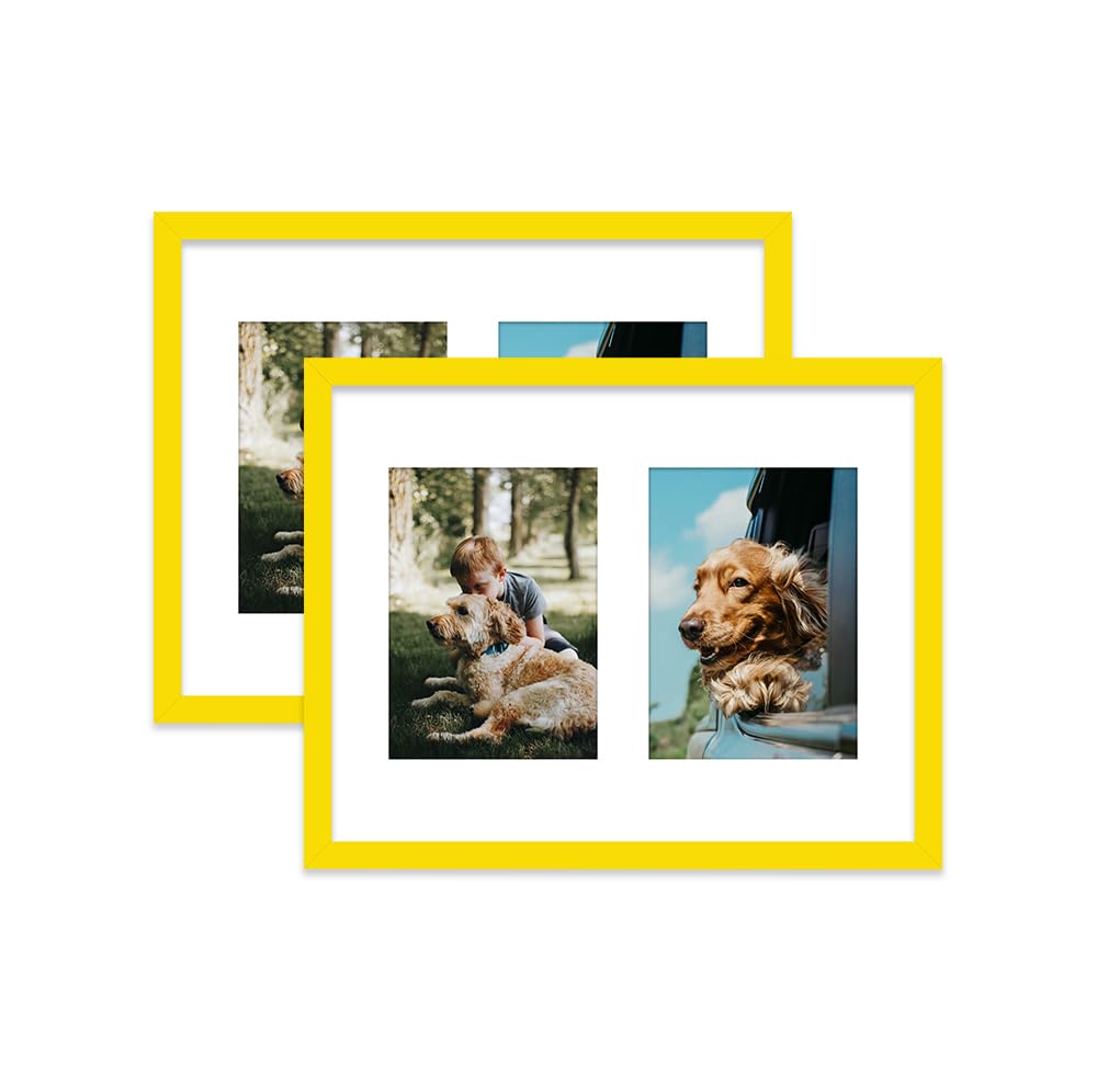 Yellow Multi Photo Frame - Holds 2 x 7x5 Pictures, Family Collage Picture Frame for Wall Display, 14x11 Frame size, Set of 2