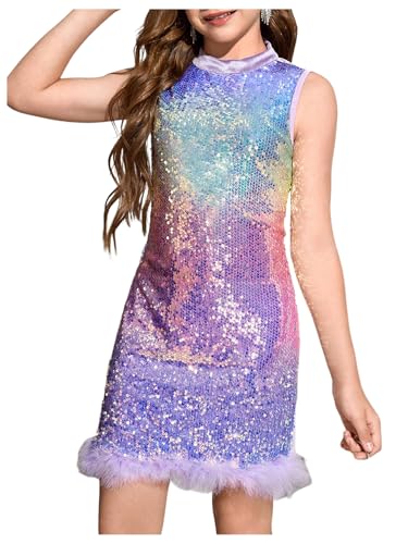 Floerns Girl's Sparkly Sequin Dresses Sleeveless Birthday Fuzzy Trim Tank Dress