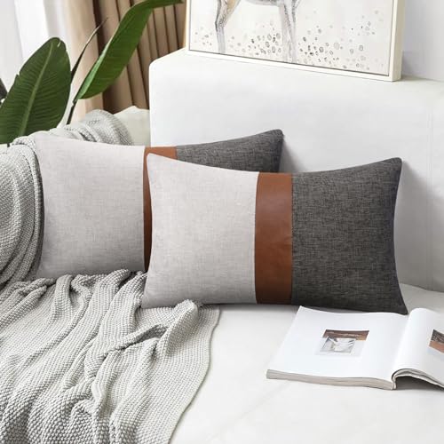 Merrycolor Faux Leather Throw Lumbar Pillow Covers 12 x 20 Inch Modern Farmhouse Pillow Covers Gray and Brown Accent Pillows Decorative Pillows for Couch Sofa Bed, Set of 2