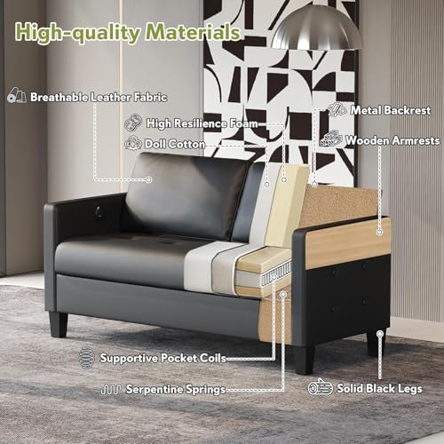 Image of STHOUYN 59 inch Black Faux Leather Sofa Couch, Small 2 Seater Loveseat | STHOUYN, Modern, Comfy, Tufted Armrest, USB Charger, Living Room, Apartment, Bedroom