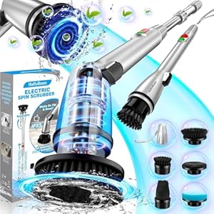 Rechargeable Cordless Electric Scrubber with 5 Cleaning Brush Heads, Powerful Adjustable Shower with Long Handle Extension Arm for Bathroom, Tub, Tile, Car, Floor
