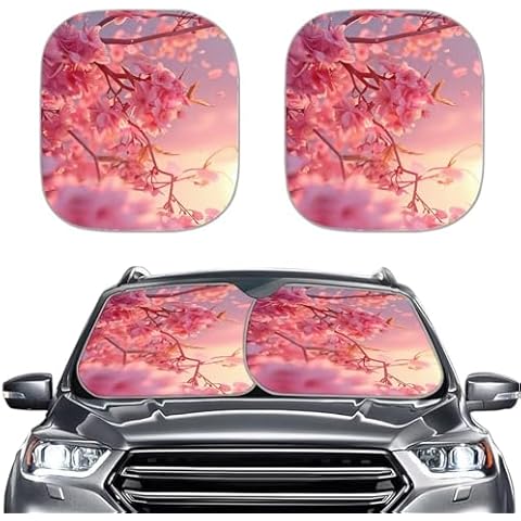 STUOARTE Cherry Blossom Printed 2 Piece Car Sunshade Car Windshield Shades for Front Window Foldable Windshield Sun Shade Block Sun & Heat Sun Visor Keeps Your Vehicle Cool Cover