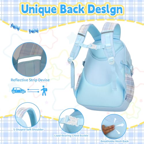 Cute Backpack for Girls, 5 Pack Kawaii Backpack Aesthetic Backpack with Lunch Box Set, Girls Blue School Bookbag for Kids Teen Elementary4