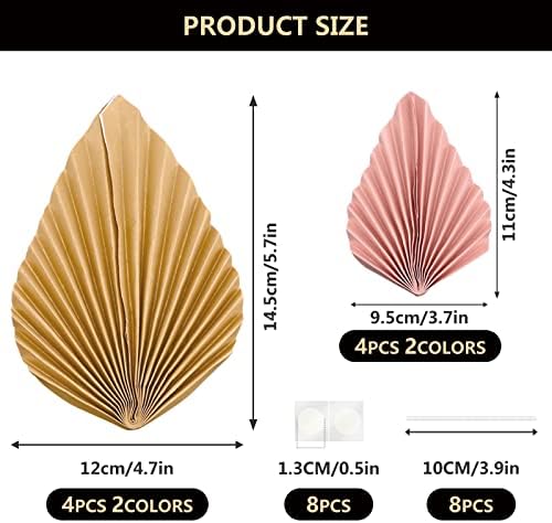 Bekecidi 8 PCS Paper Leaf Fan Cake Toppers, DIY Birthday Cake Insert Decorations Party Supplies Cupcake Toppers for Theme Birthday, Wedding, Party (Gold+Pink)