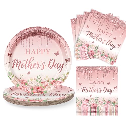 DFKPVBHB Happy Mothers Day Paper Plates and Napkins Set Pink 9 Inch Disposable Plates Napkins Serves 20 Mothers Day Plates Set Floral Tableware for Mom Party Cake Dessert Table Decorations