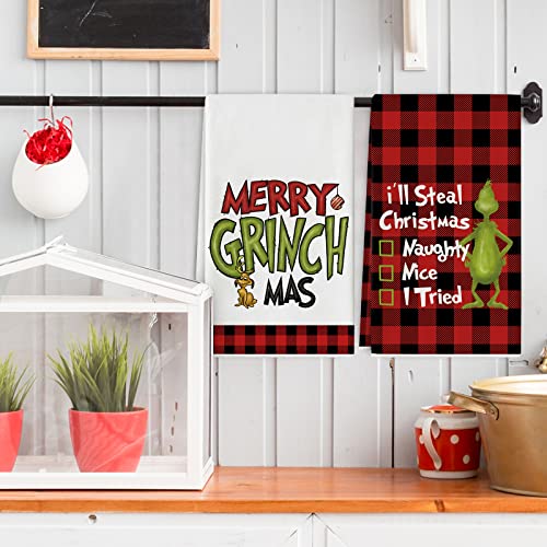 Whaline Christmas Buffalo Plaids Kitchen Towel Red Black Plaids Cartoon Character Dish Towel 18 X 28 Inch Funny Holiday Xmas Hand Drying Tea Towel For Cooking Baking, Set Of 4 #TOP4
