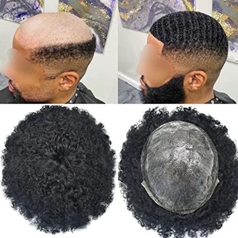 Afro Toupee For Black Men African American Curly Human Hair Systems Afro Men Hair Unit With Gray Hair Black Men Toupee 8''X 10'' Cuttable Injected Pu Hair Replacement System Black Men Hairpieces (6Mm Afro Wave, #1B Off Black-120% Medium Light To Medium Density) #TOP5