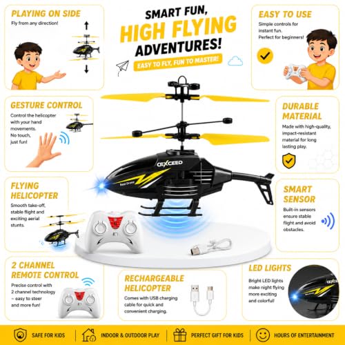 Image of RC Helicopter with Hand Gravity Sensor for Kids 4+, Flying Remote Control Helicopter Toy, Chargeable with Safety Sensor, Indoor Outdoor Play, for Boys & Girls - Pack of 1 (BLACKYELLOW)