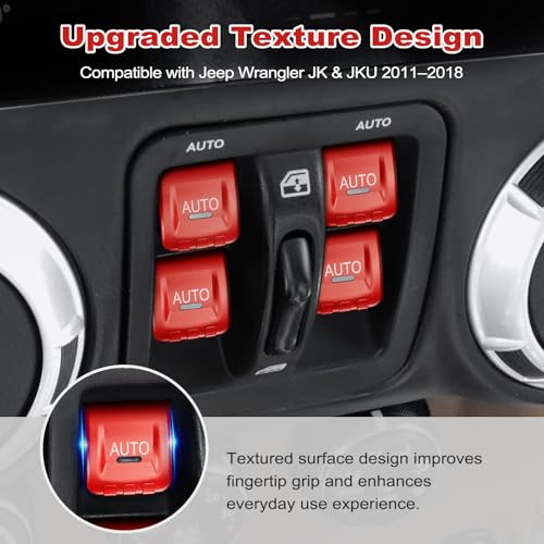 DIAMOOKY Upgraded Metal Window Switch Button Cover for Jeep Wrangler JK JKU 2018 2017 2016 2015 2014 2013 2012 2011 Interior Accessories, Aluminum Alloy, Red - 4pcs — view 2