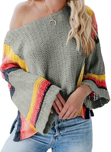 Image of Dokotoo Womens 2026 Spring Summer Casual Crewneck 3 /4 Sleeve Striped Lightweight Knit Trendy Boho Tops Pullover Sweaters