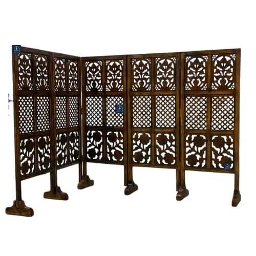 Image of Wooden Room Partition Screen with Burnt Wood Finish | Hand Buffed Traditional Handicraft Room Divider | Indoor Room Separator | Puja Room Divider (5 Panel 4 Feet with Stands)